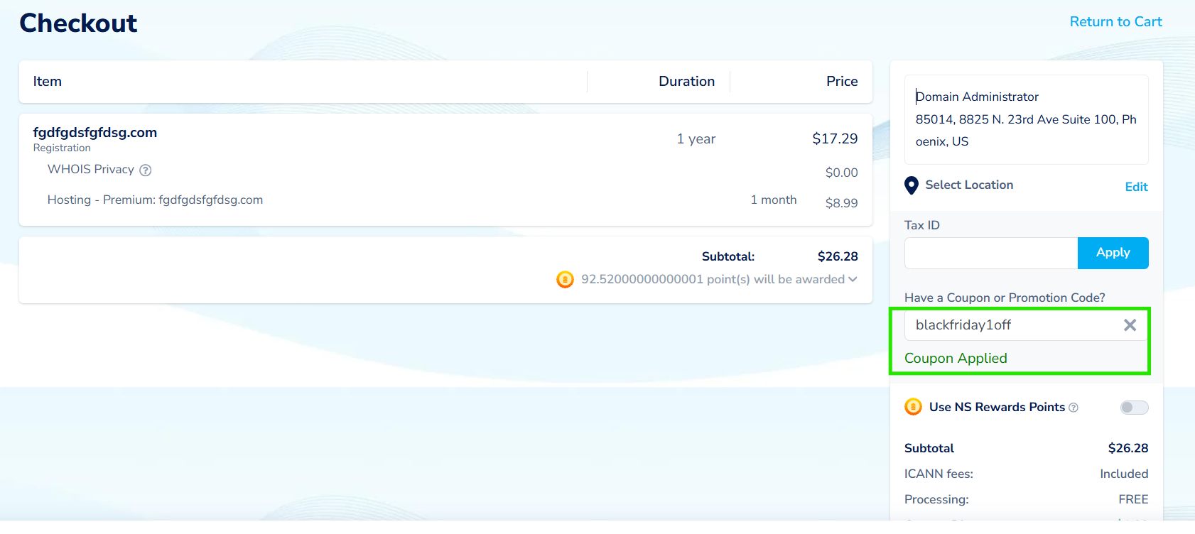 Screenshot of tested coupon for Namesilo