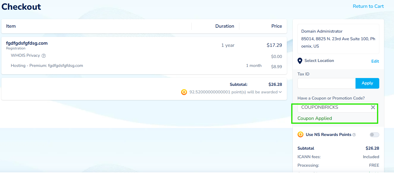 Screenshot of tested coupon for Namesilo