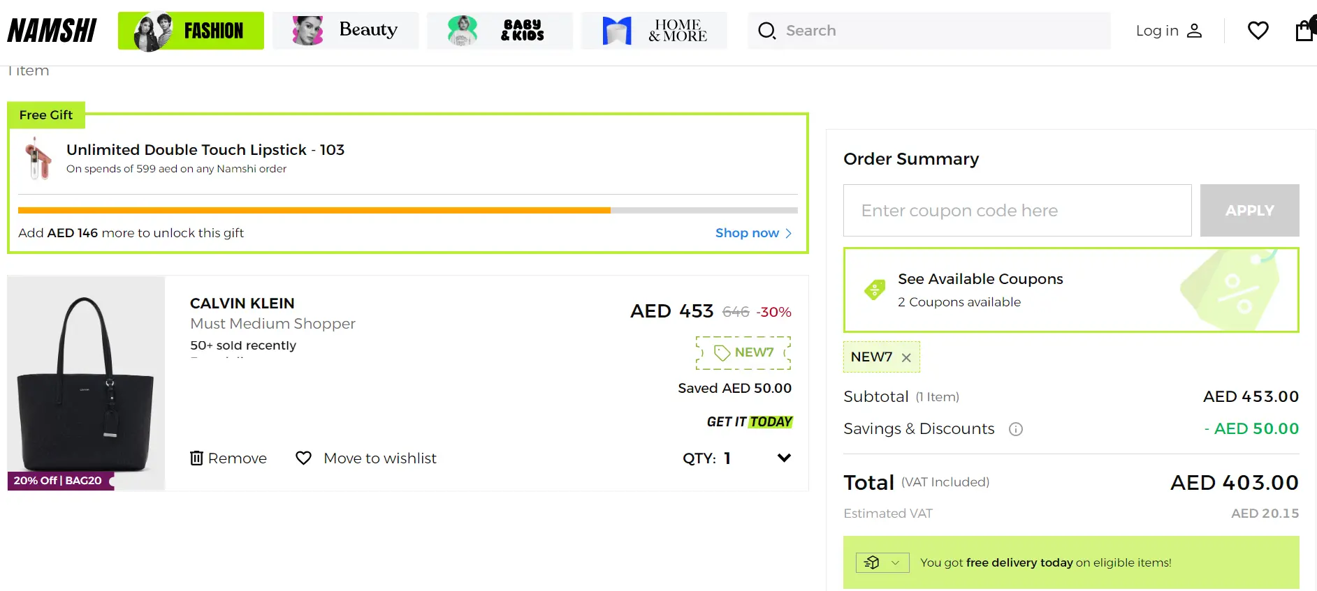 Coupon verification screenshot on Namshi