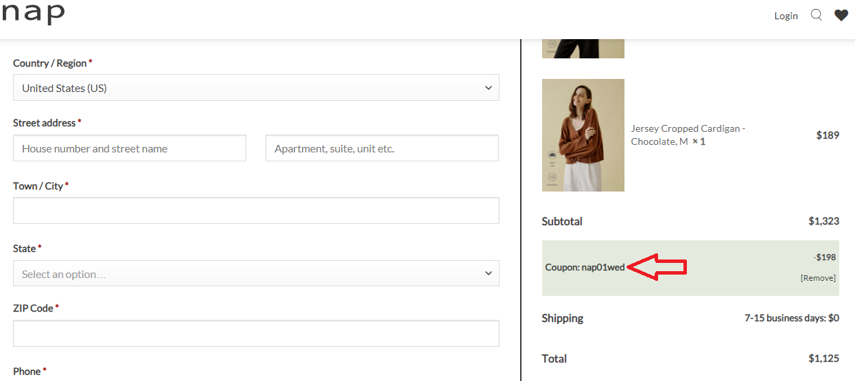 Coupon verification screenshot on Nap Loungewear