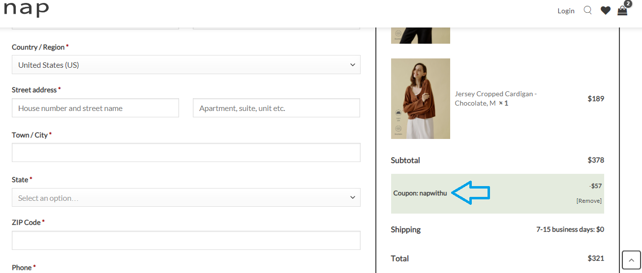 Coupon verification screenshot on Nap Loungewear