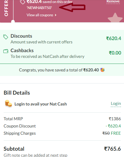 Coupon verification screenshot on Nat Habits