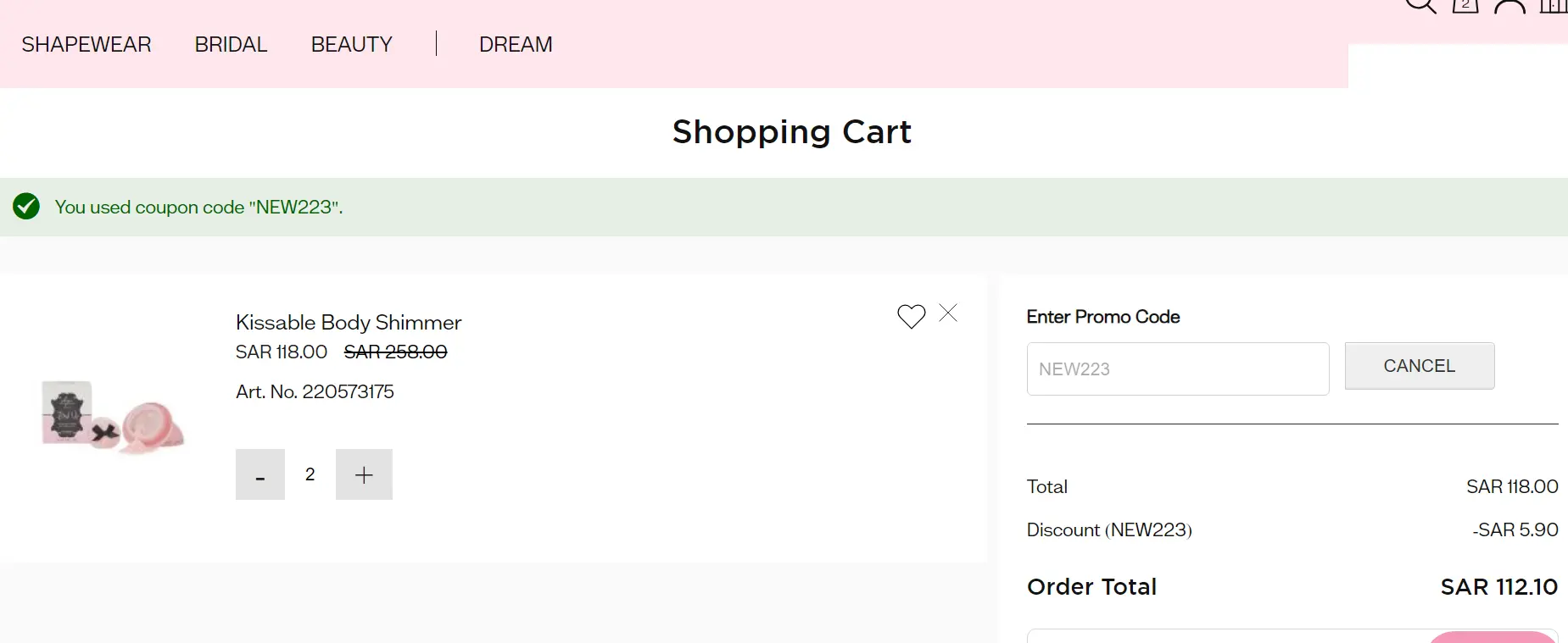 Coupon verification screenshot on Nayomi