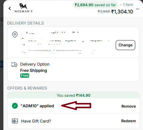 Coupon verification screenshot on Neemans