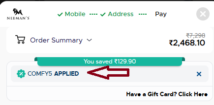 Coupon verification screenshot on Neemans