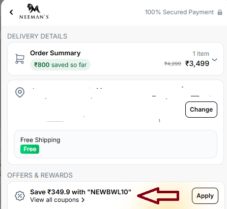 Coupon verification screenshot on Neemans