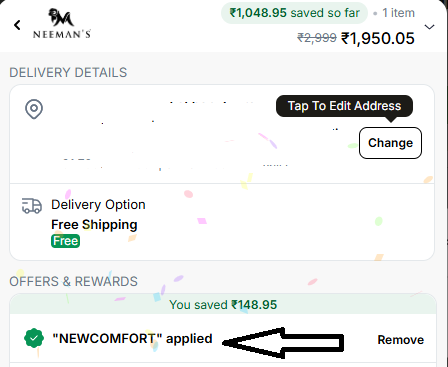 Coupon verification screenshot on Neemans