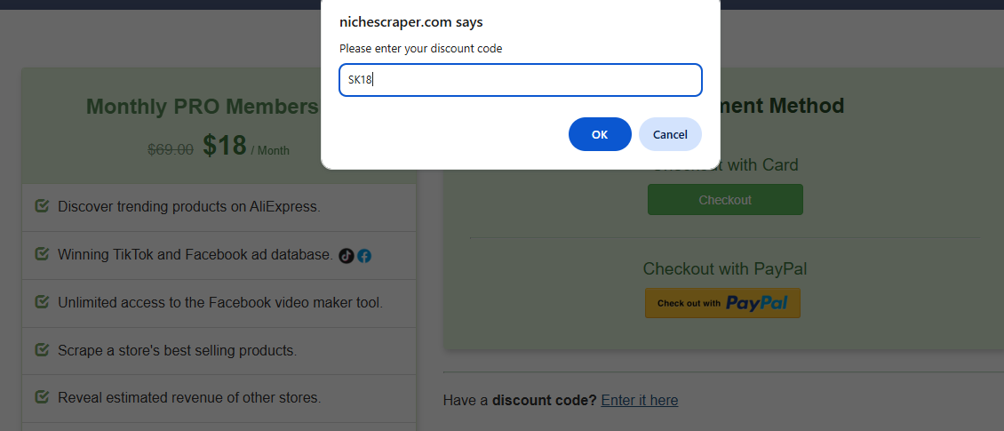 Screenshot of tested coupon for Niche Scraper