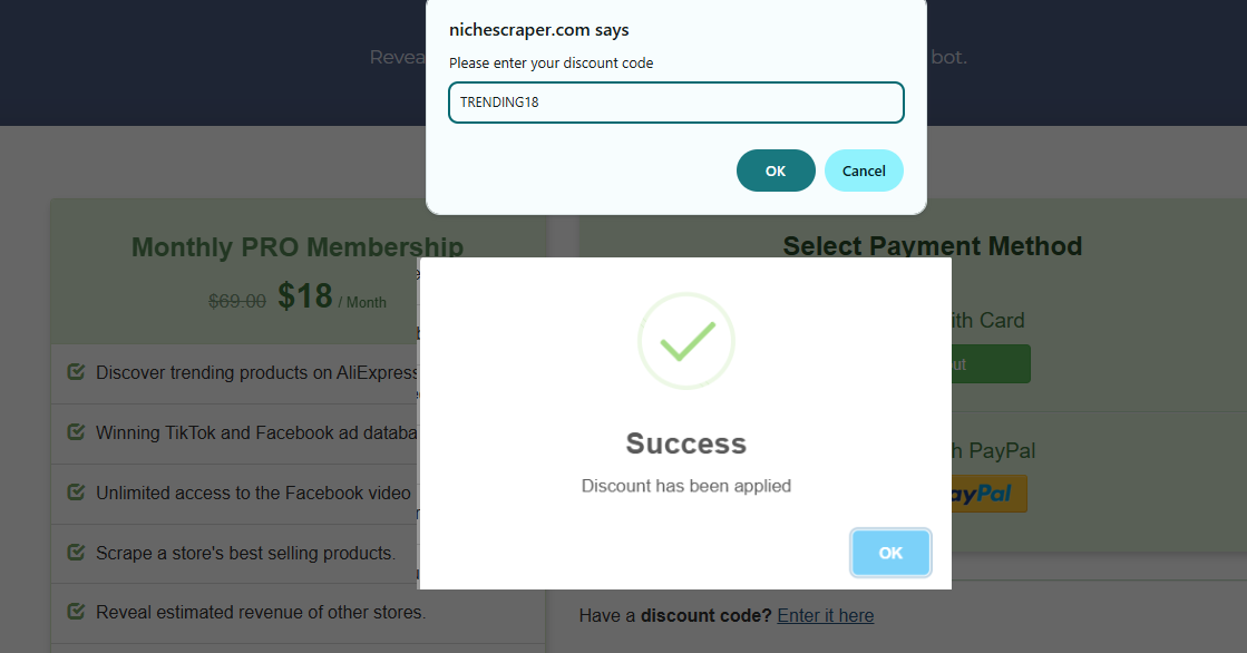 Screenshot of tested coupon for Niche Scraper