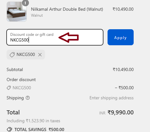Coupon verification screenshot on Nilkamal