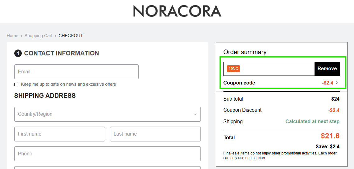 Screenshot of tested coupon for Noracora