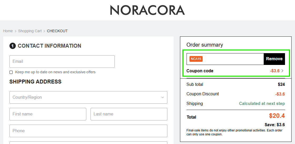 Screenshot of tested coupon for Noracora