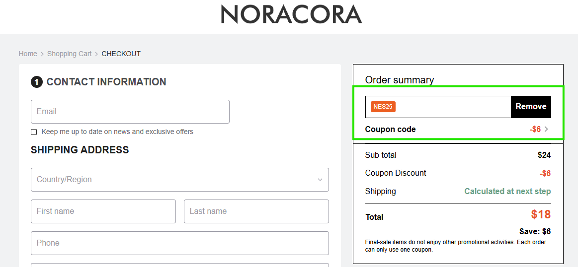 Screenshot of tested coupon for Noracora