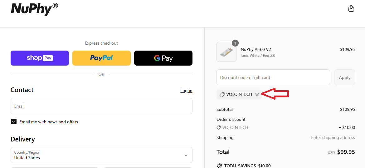 Screenshot of tested coupon for NuPhy