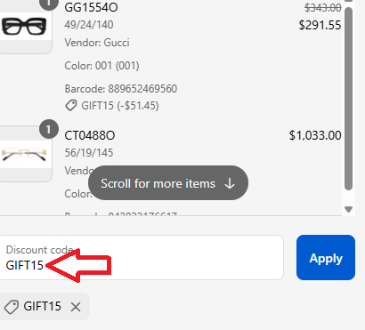 Coupon verification screenshot on Otticanet