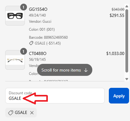 Coupon verification screenshot on Otticanet