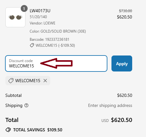 Coupon verification screenshot on Otticanet
