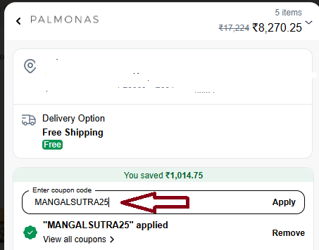 Coupon verification screenshot on Palmonas