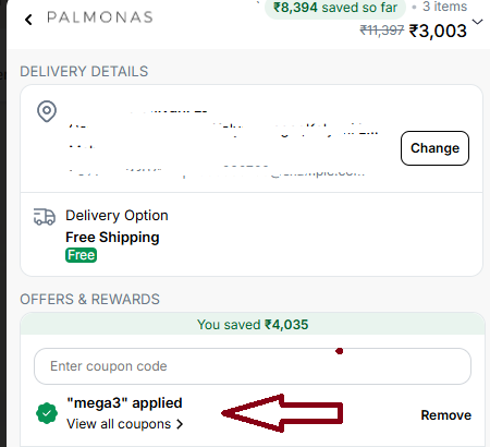 Coupon verification screenshot on Palmonas
