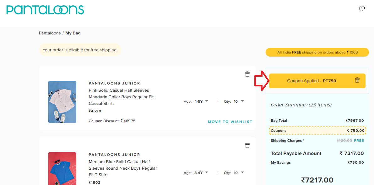 Coupon verification screenshot on Pantaloons
