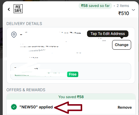 Coupon verification screenshot on PeeSafe