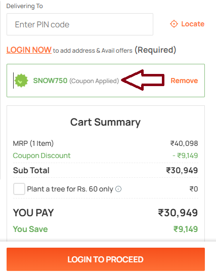 Coupon verification screenshot on Pepperfry