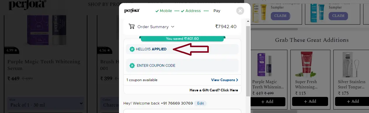Coupon verification screenshot on Perfora