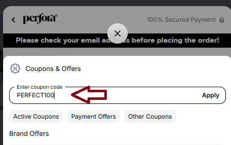 Coupon verification screenshot on Perfora