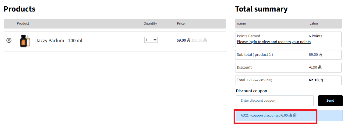 Coupon verification screenshot on Perfume Co
