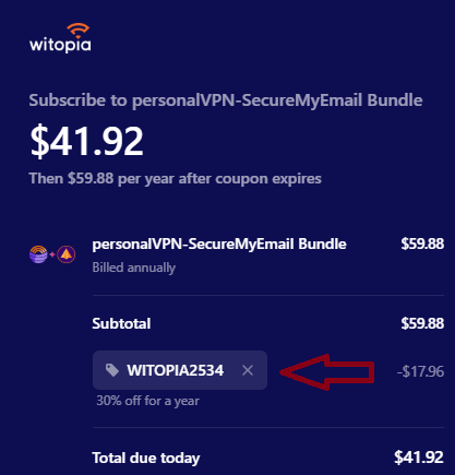 Coupon verification screenshot on PersonalVPN