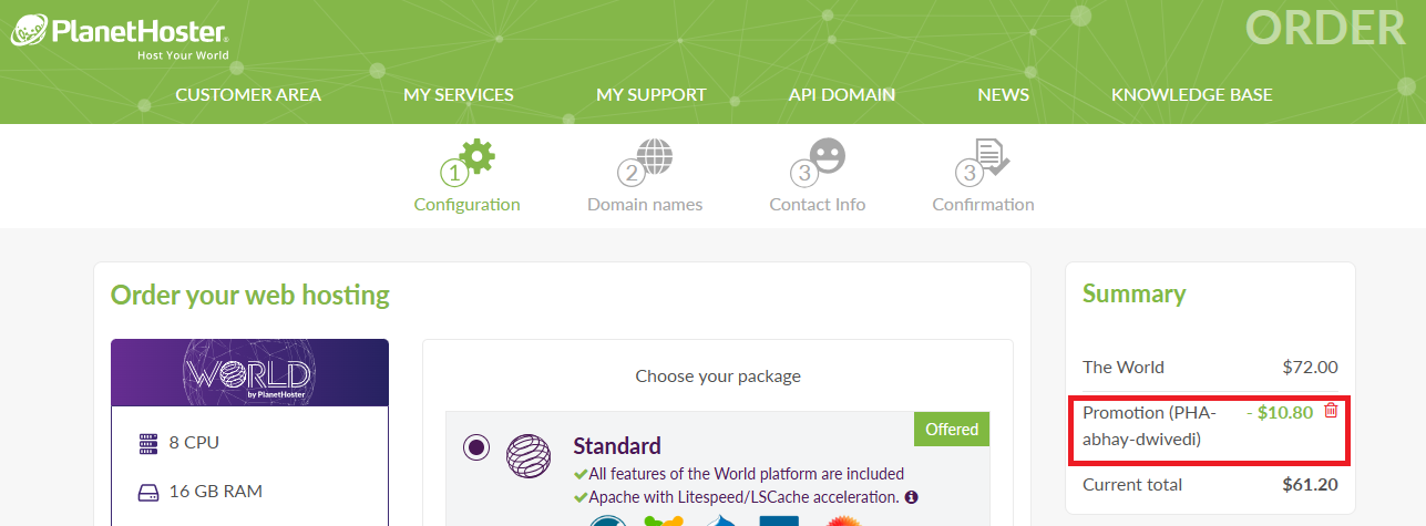 Coupon verification screenshot on PlanetHoster