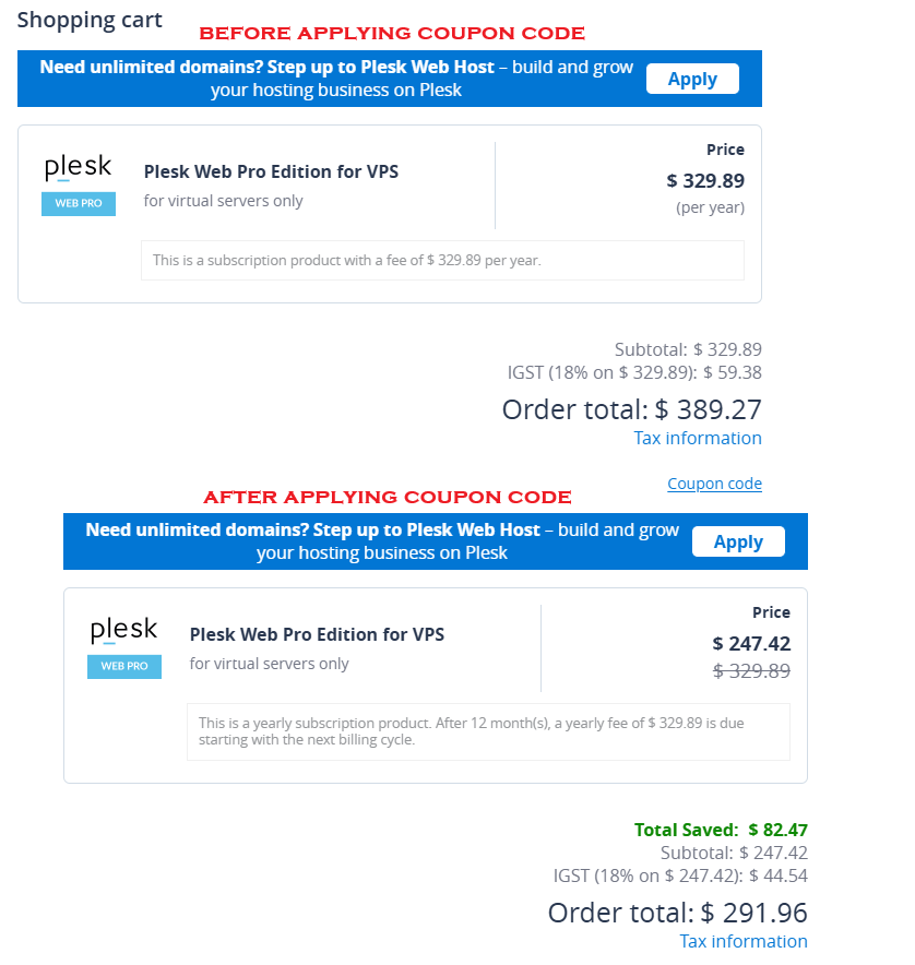 Coupon verification screenshot on Plesk