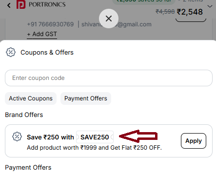 Coupon verification screenshot on Portronics