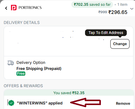 Coupon verification screenshot on Portronics