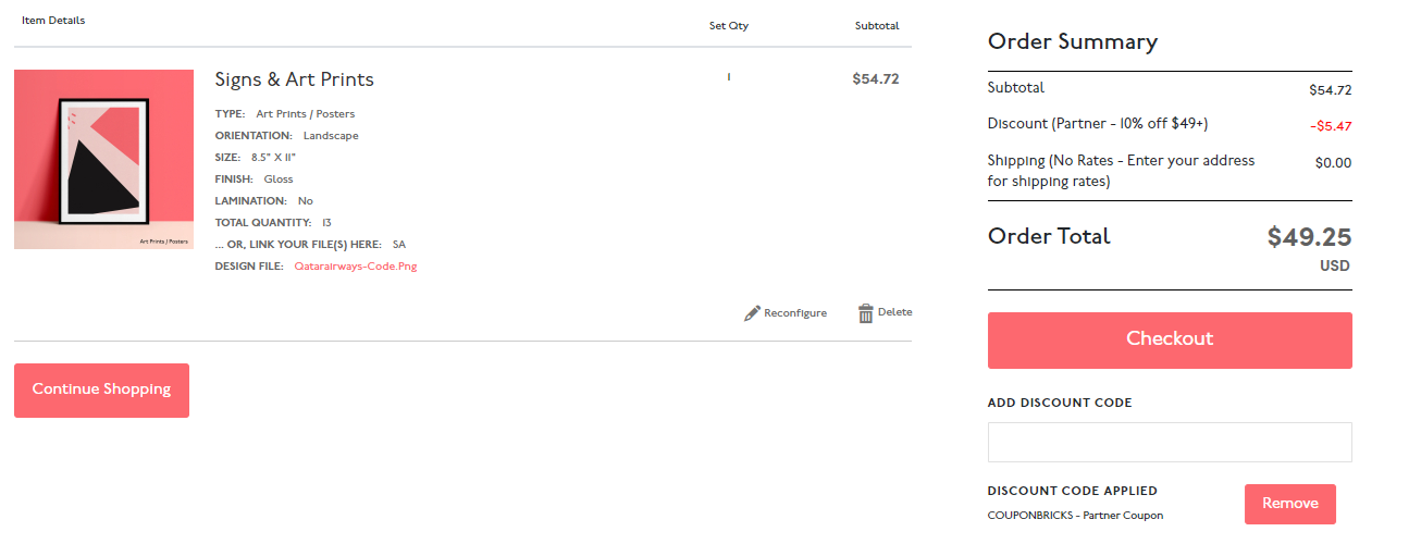 Coupon verification screenshot on Prints Of Love