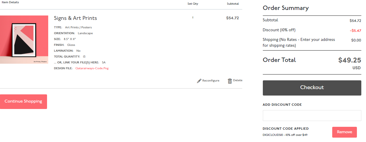 Coupon verification screenshot on Prints Of Love