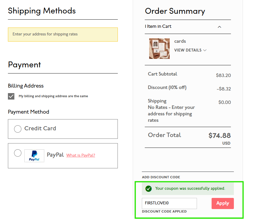 Coupon verification screenshot on Prints Of Love