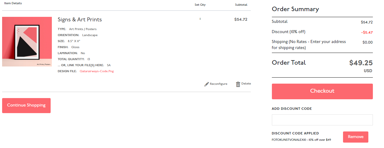 Coupon verification screenshot on Prints Of Love