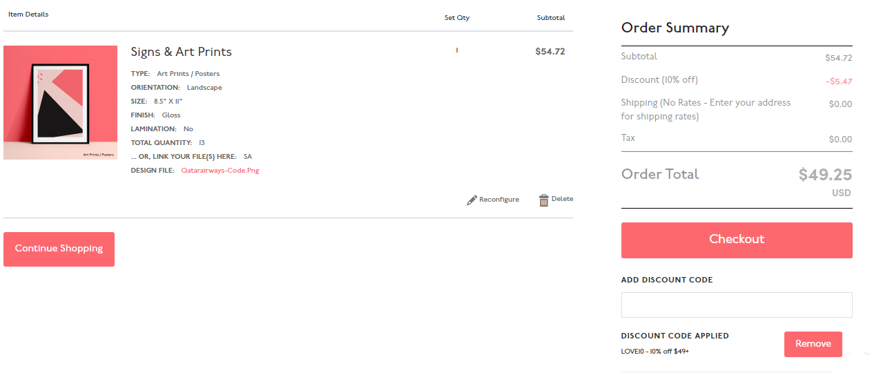 Coupon verification screenshot on Prints Of Love