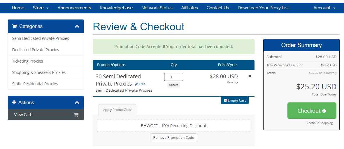Coupon verification screenshot on Proxy Hub