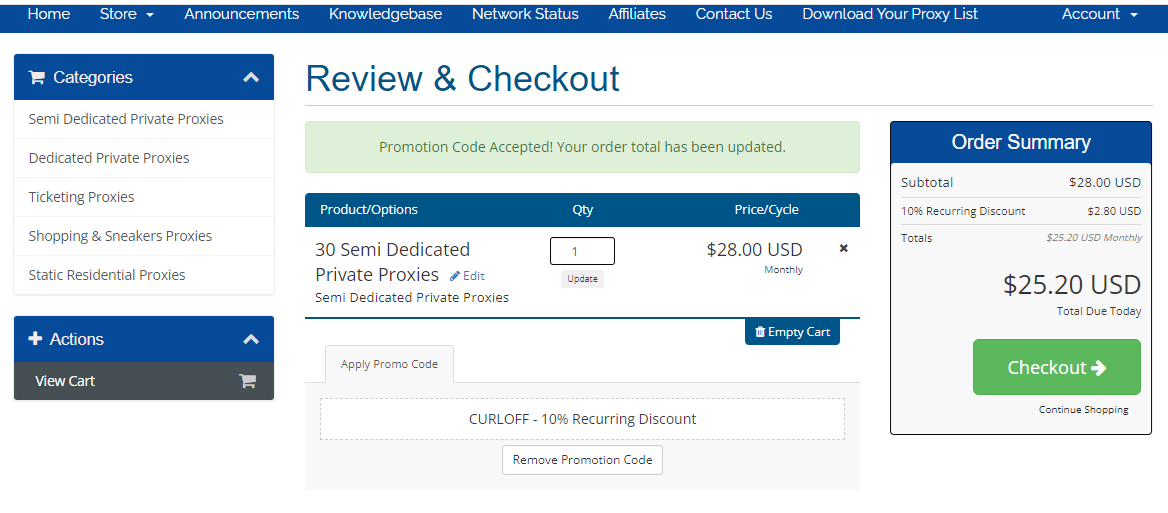 Coupon verification screenshot on Proxy Hub