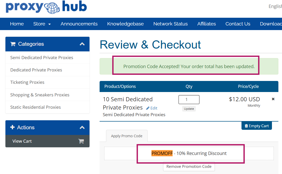 Screenshot of tested coupon for Proxy Hub