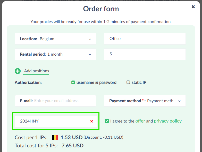 Coupon verification screenshot on Proxy Seller