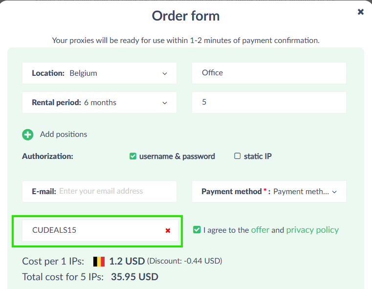 Coupon verification screenshot on Proxy Seller