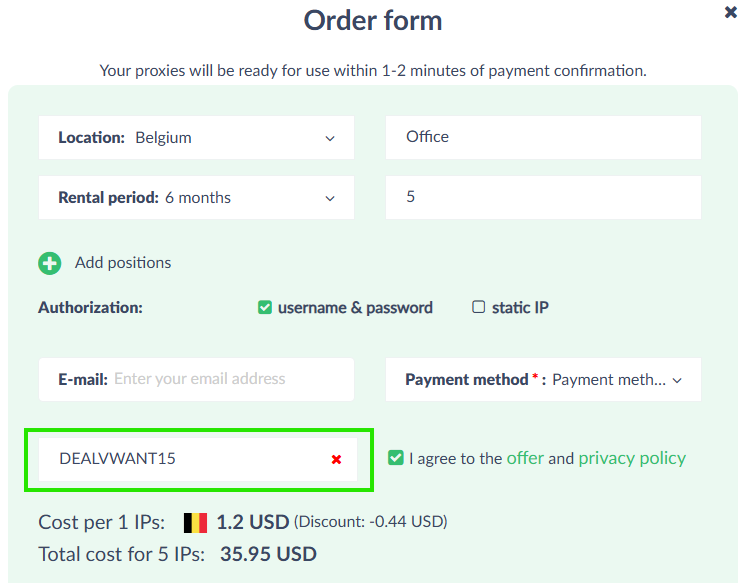 Coupon verification screenshot on Proxy Seller
