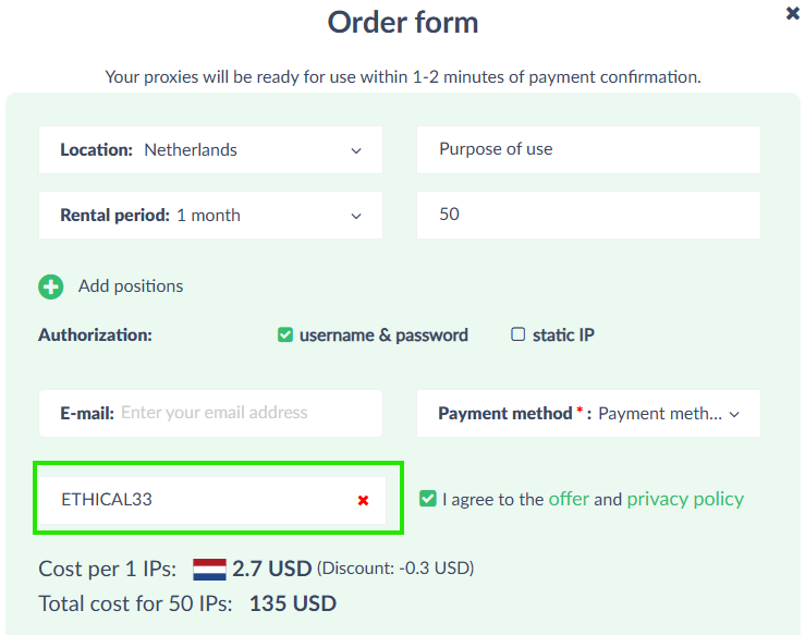 Coupon verification screenshot on Proxy Seller
