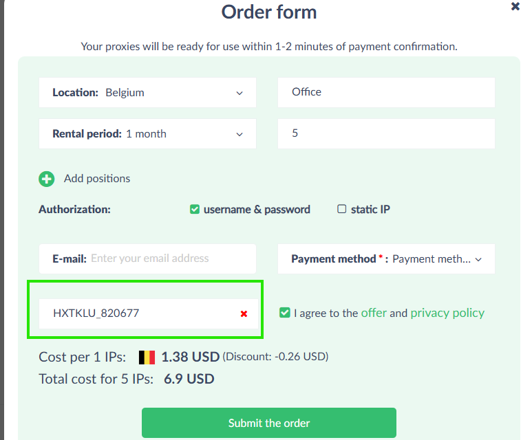 Coupon verification screenshot on Proxy Seller