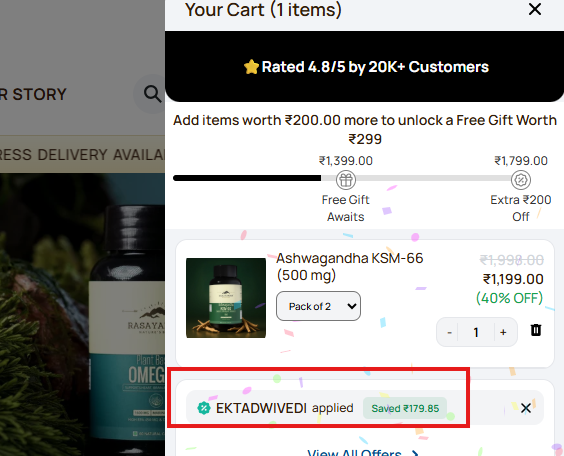 Coupon verification screenshot on Rasayanam