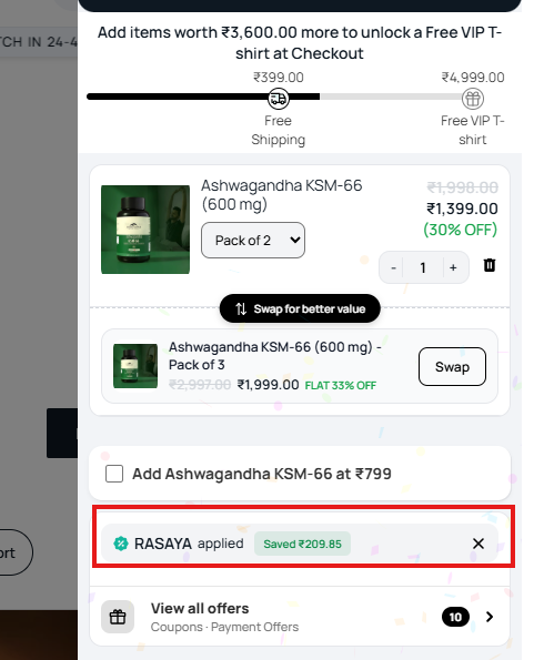 Screenshot of tested coupon for Rasayanam
