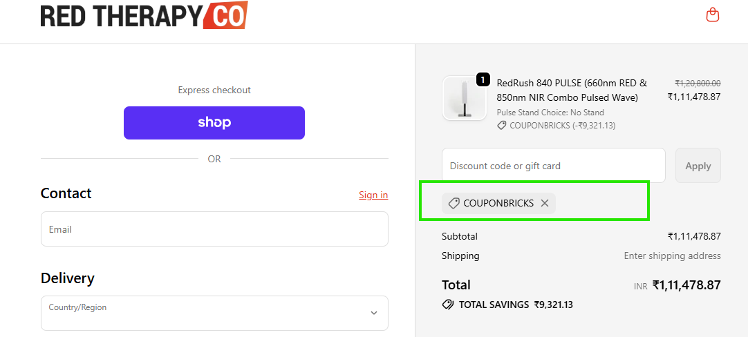 Coupon verification screenshot on Red Therapy
